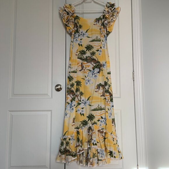 KY'S Hawaiian Maxi Dress with Ruffle Sleeves and Peplum Skirt Cotton Size L - Picture 1 of 9